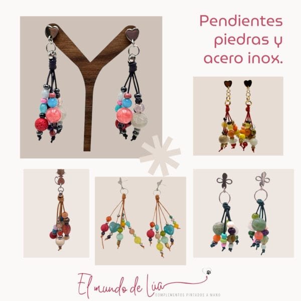 *Pack de Pendientes de Piedras, Cuero y Acero Inoxidable - Imagen 3